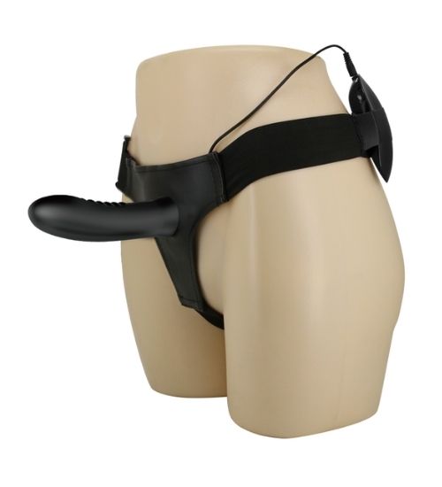Černý silikonový vibrační strap-on s kabelovým ovladačem