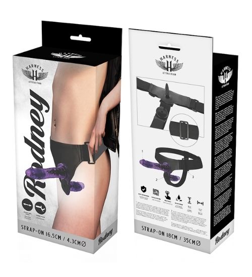 Dvojitý fialový strap-on s regulací vibrací