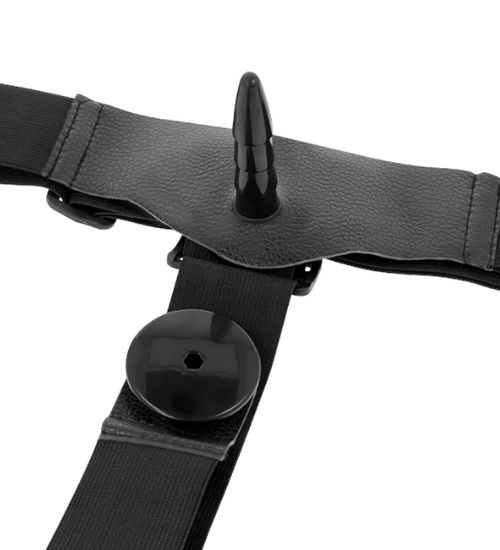 Dvojitý fialový strap-on s regulací vibrací