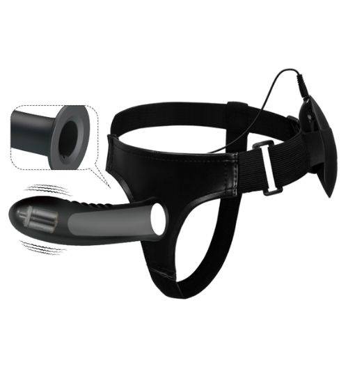 Černý silikonový vibrační strap-on s kabelovým ovladačem