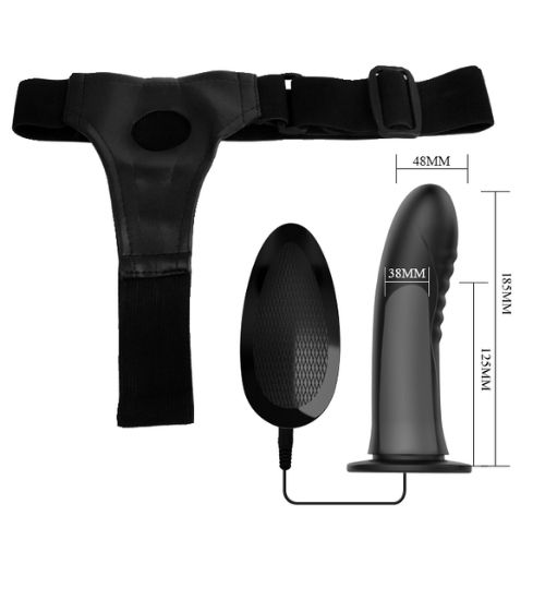 Černý silikonový vibrační strap-on s kabelovým ovladačem