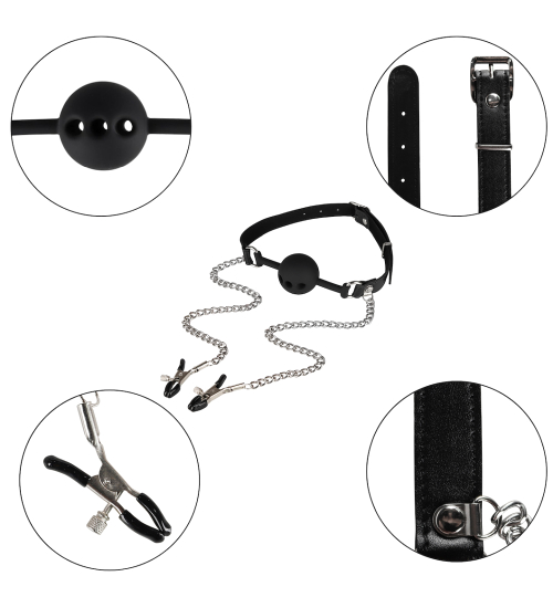 Roubík do úst se svorkami na bradavky