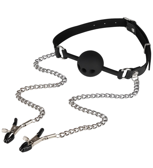 Roubík do úst se svorkami na bradavky