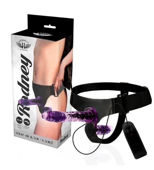 Dvojitý fialový strap-on s regulací vibrací